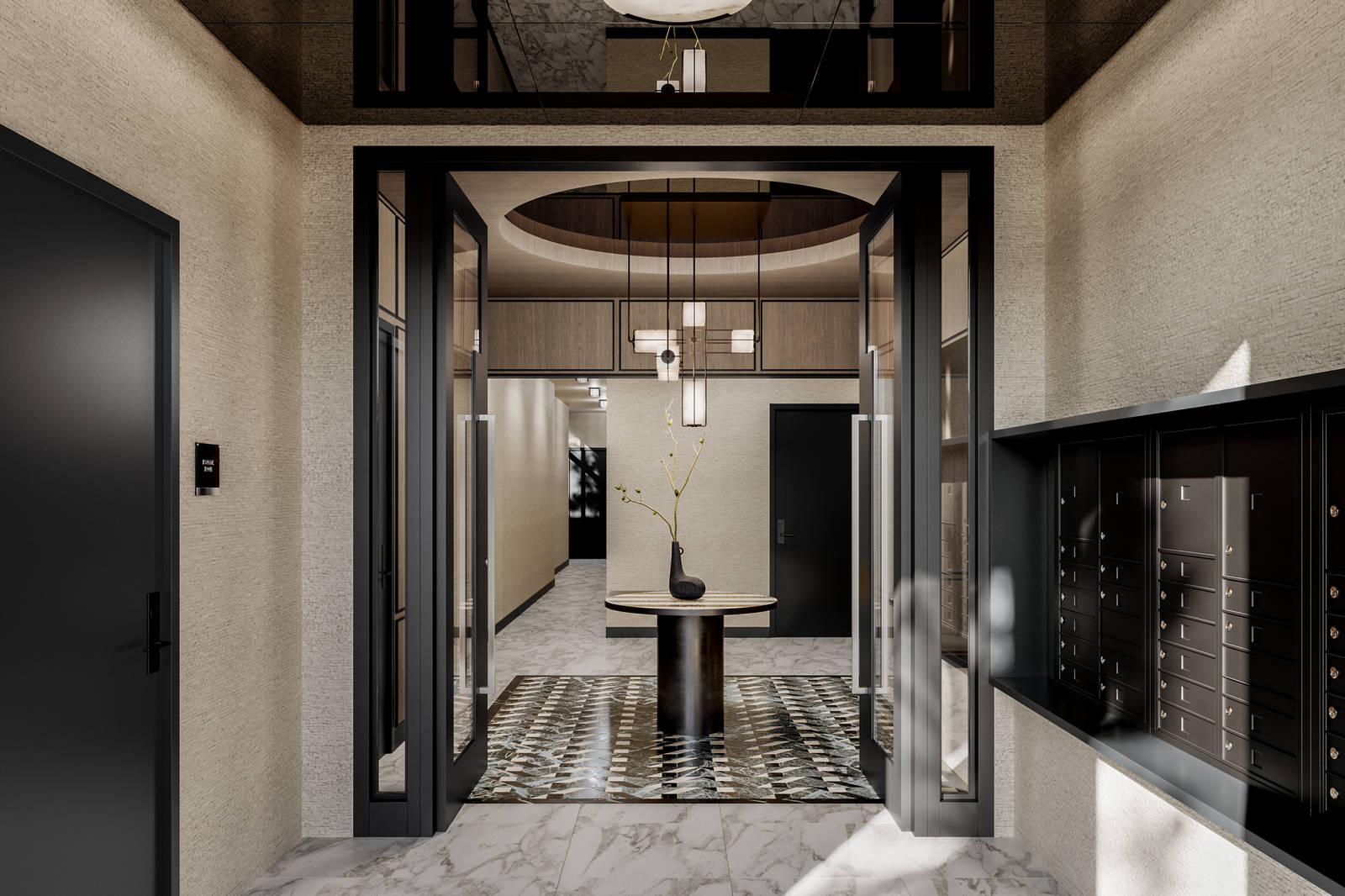 Modery lobby view with matte black mailboxes on right, white, gray and black marbley floor tiles, large glass doors with matte black framing and contemporary lighting